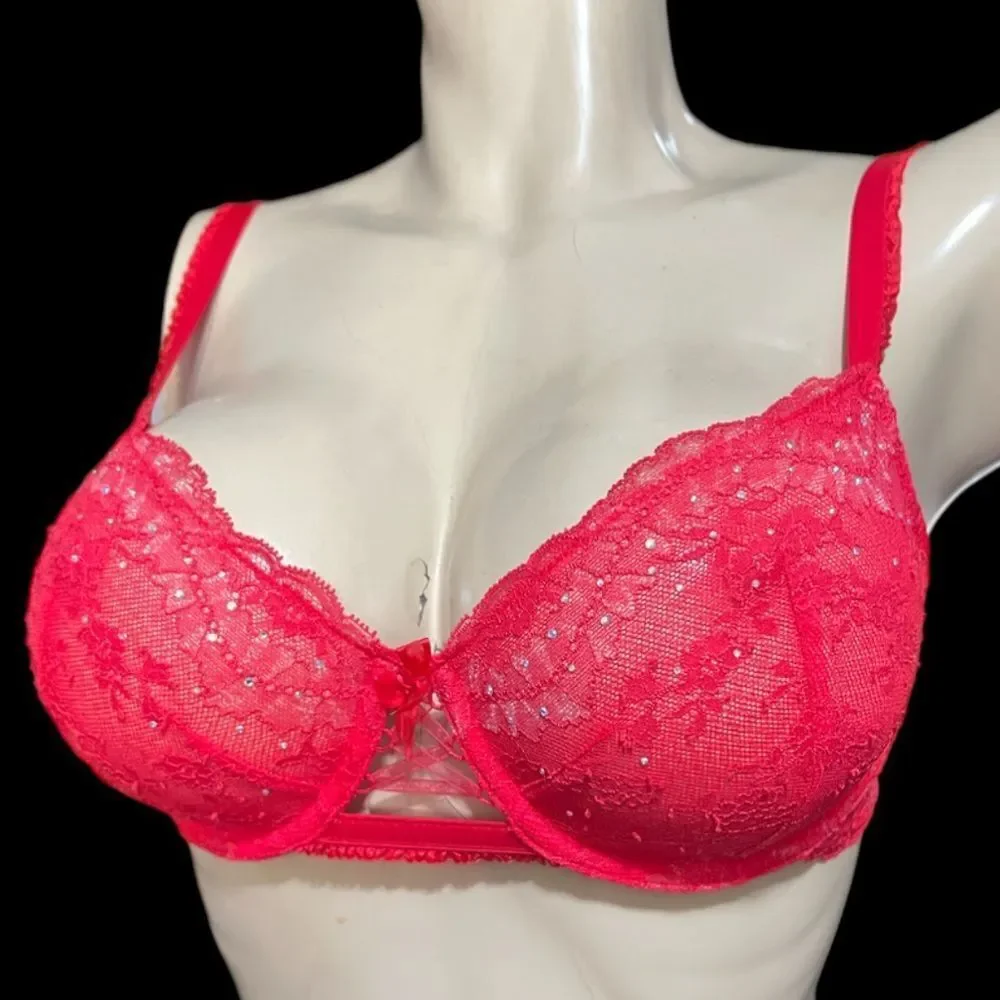 Victorias Secret Designer Collection Rhinestone Embellished Unlined Demi Bra Red